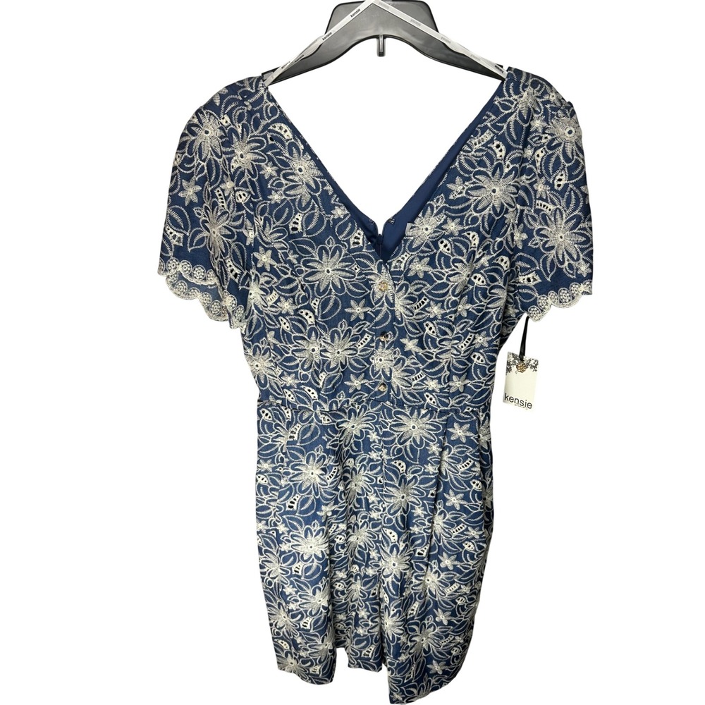 Kensie Womens Blue White Floral Eyelet Romper Short Sleeve Tie Back KDUP3906 14